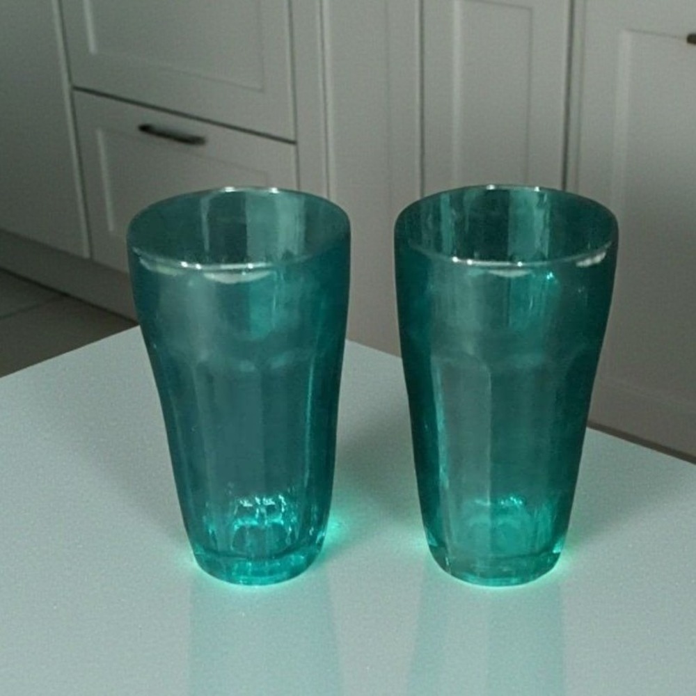 Pasabahce Teal Paneled Tumblers, Set of 2, Vintage Water Glasses, Drinkware
